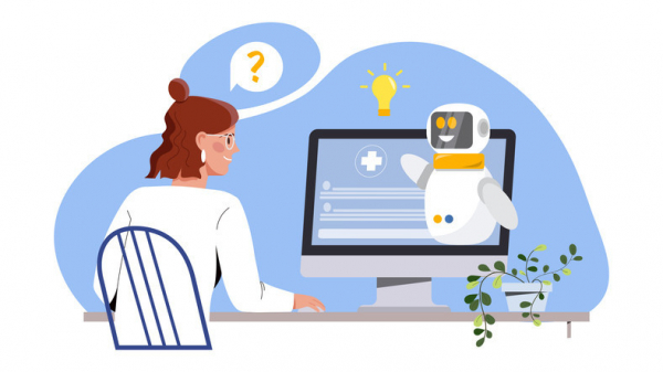 Illustration of woman with brown hair looking at computer screen with healthcare symbol and chatbot robot; concept is AI in healthcare 